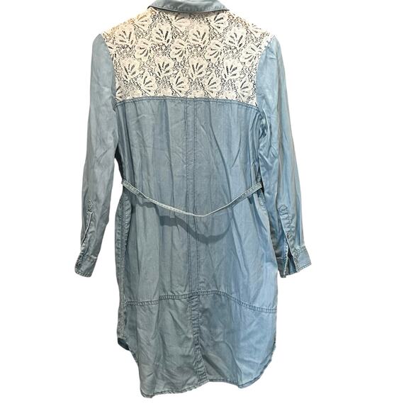ANTHROPOLOGIE Mini Dress Blue Chambray Crochet Lace Sz SP Western Boho Festival - Picture 4 of 6